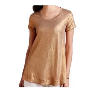 Anthropologie Bordeaux Shimmery Gold Metallic High Low Short Sleeve Blouse Top